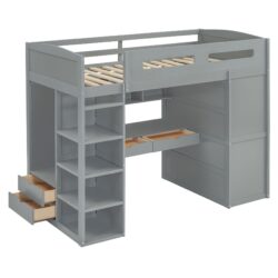 Twin Size Loft Bed With Desk, Wardrobes, 4 Drawers And 4 Shelves Construction - Gray