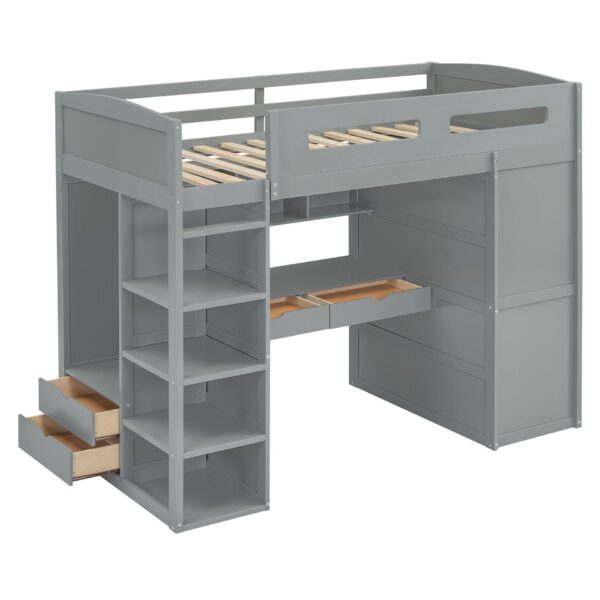 Twin Size Loft Bed With Desk, Wardrobes, 4 Drawers And 4 Shelves Construction - Gray
