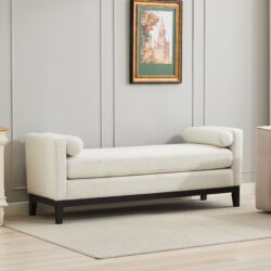 Elegant Upholstered Bench, Daybed, Ottoman With Wood Legs & 2 Bolster Pillows For End Of Bed, Bedroom, Living Room, Entryway - Ivory