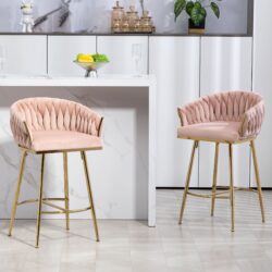 Counter Height Bar Stools Kitchen Island Counter Bar Stool With Hand - Wave Back, Golden Chromed Base And Footrest (Set of 2) - Pink