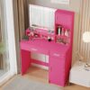 Vanity Desk With Mirror And LED Light Strip, Dressing Table With Large Drawer, 3 Level Storage Dresser & 3 Lighting Modes Adjustable Brightness, Suitable For Bedroom - Rose Pink - Image 6