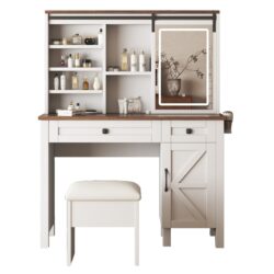Farmhouse Makeup Vanity Desk With Sliding Mirror, LED Lights, And Storage Glass, Metal, And Wood Construction - White