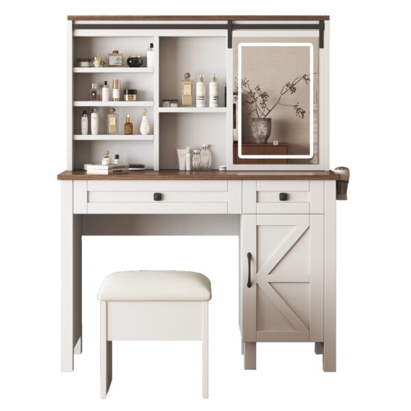 Farmhouse Makeup Vanity Desk With Sliding Mirror, LED Lights, And Storage Glass, Metal, And Wood Construction - White
