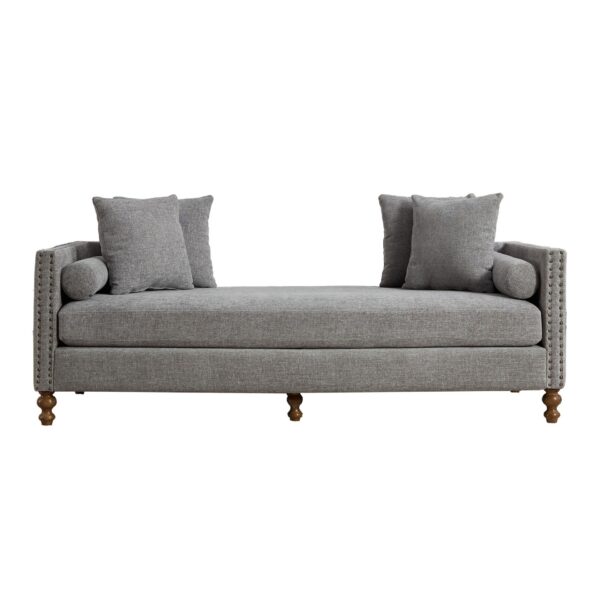 Chenille Upholstered Chaise Lounge With Nailheads And Rubberwood Legs, Wide Sleeper Sofa With 4 Throw Pillows & 2 Bolsters - Gray