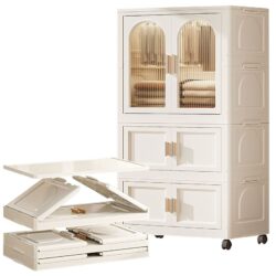 Side Wide Folding Wardrobe, With Magnetic Door, Plastic Storage Cabinet With Wheels (1 Layer Of Wardrobe + 2 Layers Of Folding Boxes + 10 Hangers) - Cream White
