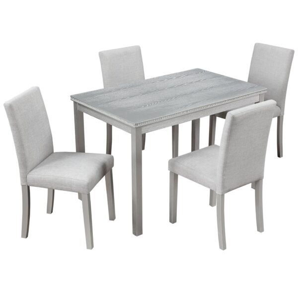 5 Piece Wooden Dining Table Set, Kitchen Table Set With A Rectangular Table And 4 Upholstered Chairs, Wooden Dining Room Table With Crystal Decoration And Chairs Set - Silver Gray
