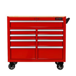 9 Drawer Multifunctional Steel Tool Cart With Wheels And Wooden Top - Red