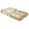 Full Size Daybed With Fence Guardrails And 2 Drawers, Split Into Independent Floor Bed & Daybed - Natural - Image 4