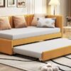 Upholstered Daybed With Trundle Twin Size Sofa Bed Frame No Box Spring Needed, Linen - Yellow - Image 16