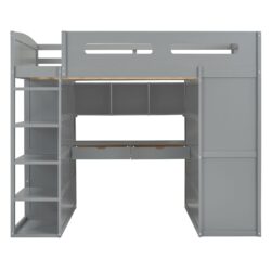 Full Size Loft Bed With Desk, Wardrobes, 4 Drawers And 4 Shelves - Gray