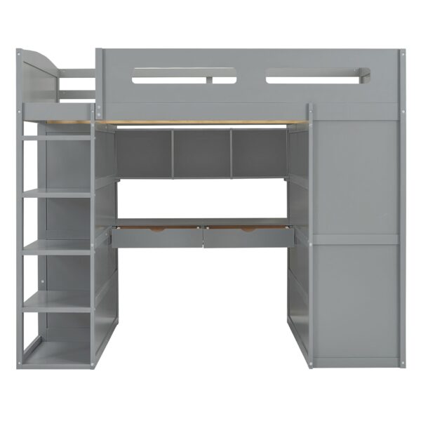 Full Size Loft Bed With Desk, Wardrobes, 4 Drawers And 4 Shelves - Gray