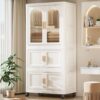Side Wide Folding Wardrobe, With Magnetic Door, Plastic Storage Cabinet With Wheels (1 Layer Of Wardrobe + 2 Layers Of Folding Boxes + 10 Hangers) - Cream White - Image 8