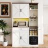 Farmhouse Kitchen Pantry Sideboard With Cabinet And Drawer, Multi Functional Kitchen Buffet With Hutch And Glass Holder, Microwave Stand With Charging Station - Brown / Antique White - Image 5