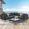 4 Pieces Outdoor Wicker Sofa Set, Patio Furniture With Colorful Pillows, L-Shape Sofa Set - Gray / Black - Image 4
