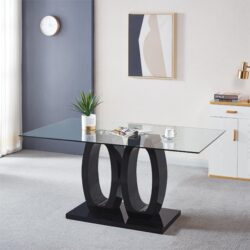 Contemporary Double Pedestal Dining Table, Tempered Glass Top With Base - Black