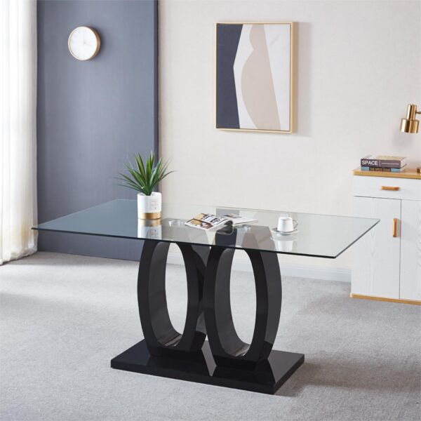 Contemporary Double Pedestal Dining Table, Tempered Glass Top With Base - Black