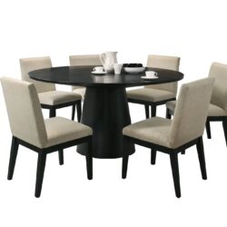 Jasper - 7 Piece Round Dining Table Set With Beige Fabric Chairs - Ebony Black