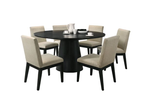 Jasper - 7 Piece Round Dining Table Set With Beige Fabric Chairs - Ebony Black