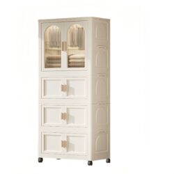 Folding Wardrobe Cabinet Wide White Plastic With Magnetic Doors, Wheels, And 10 Hangers - Cream White