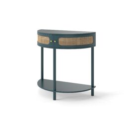 Boho Rattan Semi Circle End Table With Sliding Rattan Door, Elegant Entryway Console With Storage And Bottom Shelf - Antique Green
