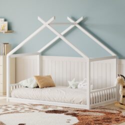 Full Size Montessori Style House Bed For Kids, Floor Bed Frame With Headboard And Footboard, Fence Bed For Girls, Boys, Slat Not Included - White