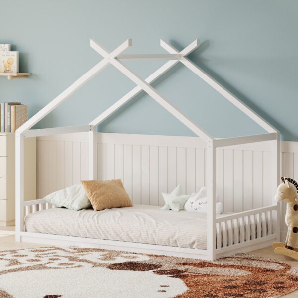 Full Size Montessori Style House Bed For Kids, Floor Bed Frame With Headboard And Footboard, Fence Bed For Girls, Boys, Slat Not Included - White