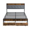 Modern Queen Bed Frame With LED Lights, Storage Drawers, USB & Charging StationUpholstered Headboard, & Iron - Gray - Image 4
