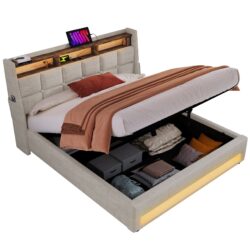 Full Size Upholstered Platform Bed With A Hydraulic Storage System, LED And USB Charging (Without Mattress) - Natural