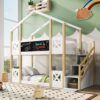 Twin Over Twin House Bunk Bed With White Storage Staircase And Blackboards - White - Image 14