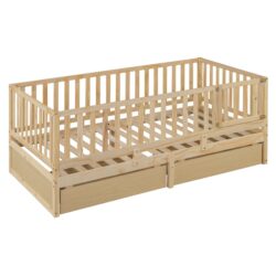 Twin Size Daybed With Fence Guardrails And 2 Drawers, Versatile Split Floor Bed & Daybed - Natural