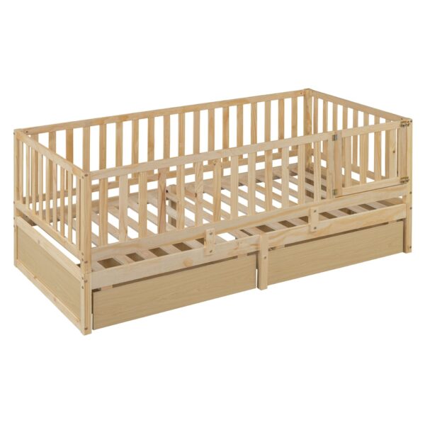 Twin Size Daybed With Fence Guardrails And 2 Drawers, Versatile Split Floor Bed & Daybed - Natural