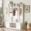 5 In 1 Entryway Bench With Coat Rack, 7 Sturdy Hooks, 2 Spacious Drawers And Adjustable Shelves, Wide Hall Tree With Metal Handles For Hallway - White - Image 7