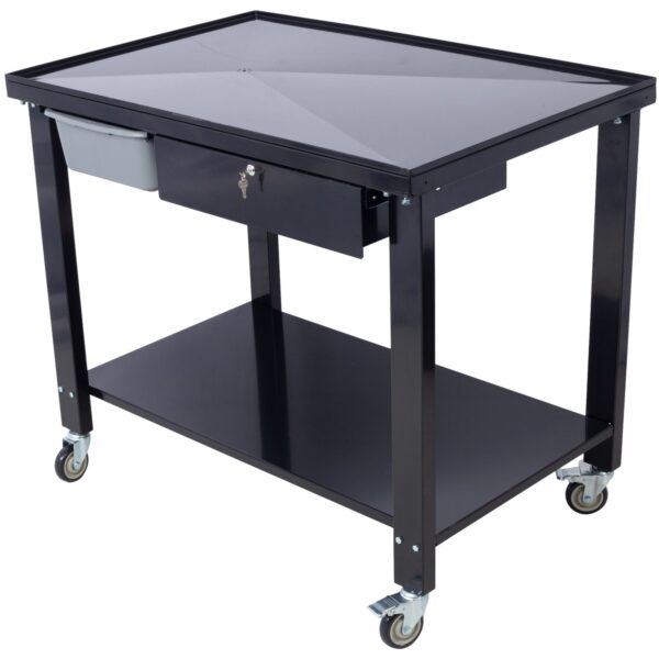 Transmission Teardown Work Station 1 / 2 Ton Capacity Sloping Drain Table Locking Drawer Removable Drain Basin Full-Width Lower Shelf Four Caster Wheels - Black