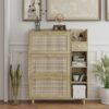 Natural Bohemia Style Shoe Cabinet, Shoe Rack Cabinet With 3 Rattan Flip Drawers, 3 Square Shelves And 1 Storage Drawer, Shoe Organizer With Mulit Storage Space And Hooks For Hallway, Entryway - Natural - Image 2
