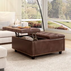 Large Square Storage Stool With 2 Storage Doors, Footstool For Living Room Mid - Century Modern Coffee Table With Nailhead Inlay - Brown