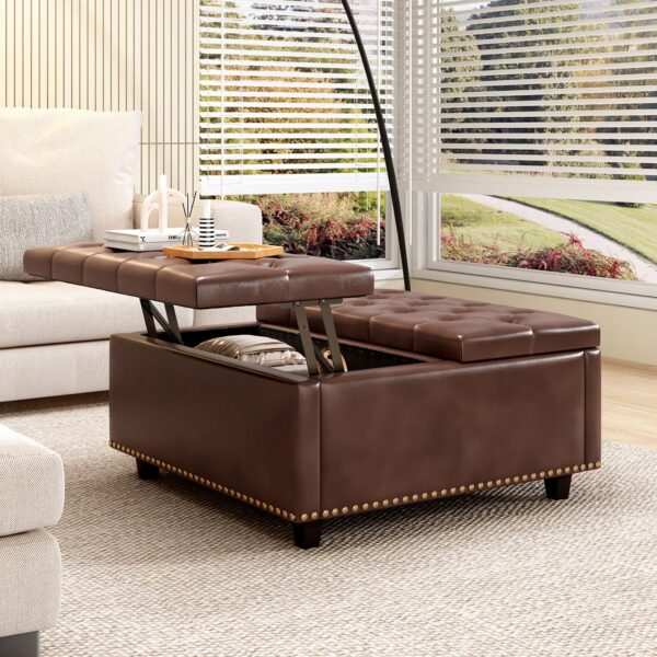 Large Square Storage Stool With 2 Storage Doors, Footstool For Living Room Mid - Century Modern Coffee Table With Nailhead Inlay - Brown