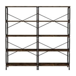 5 Tier Industrial Bookshelf, Rustic Brown Tall Bookcase With Open Wood & Metal Design, Vintage Storage Organizer - Black