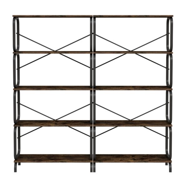 5 Tier Industrial Bookshelf, Rustic Brown Tall Bookcase With Open Wood & Metal Design, Vintage Storage Organizer - Black