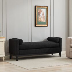 Elegant Upholstered Bench, Daybed, Ottoman With Wood Legs & 2 Bolster Pillows For End Of Bed, Bedroom, Living Room, Entryway - Black