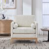 Wide Modern Farmhouse Performance Accent Chair With Natural Wood Legs, Wood Base Reading Armchair Single Sofa With 2 Bolster Pillows For Living Room Offices And Lounge - Ivory - Image 4