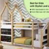 Twin Over Twin House Bunk Bed With White Storage Staircase And 2 Blackboards - White / Natural - Image 18