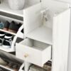 Natural Bohemia Style Shoe Cabinet, Shoe Rack Cabinet With 3 Rattan Flip Drawers, 3 Square Shelves And 1 Storage Drawer, Shoe Organizer With Mulit Storage Space And Hooks For Hallway, Entryway - White - Image 12