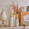 Floor Metal Vases Decorated White Metal Vases (Set of 3) Gorgeous Home Decoration Large Glazed Metal Vases - White / Gold - Image 9