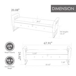 Wide Storage Soft Ottoman Bench With Armrests, Footrest Bed End Stool For Living Room, Dorm, Entryway And Bedroom - Black