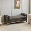 Elegant Upholstered Bench, Daybed, Ottoman With Wood Legs & 2 Bolster Pillows For End Of Bed, Bedroom, Living Room, Entryway - Gray - Image 3