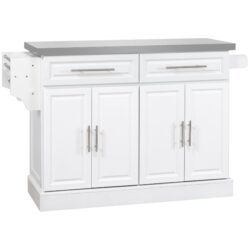 Homcom - Rolling Kitchen Island With Storage, Portable Kitchen Cart With Stainless Steel Top, 2 Drawers, Spice, Knife And Towel Rack And Cabinets - White