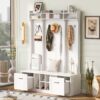 5 In 1 Entryway Bench With Coat Rack, 7 Sturdy Hooks, 2 Spacious Drawers And Adjustable Shelves, Wide Hall Tree With Metal Handles For Hallway - White - Image 5