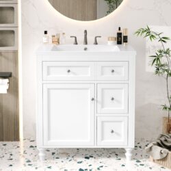Bathroom Vanity With Top Sink, Modern Bathroom Storage Cabinet & 2 Drawers And A Tip-Out Drawer, Single Sink Bathroom Vanity - White