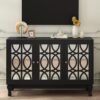Modern Mirrored TV Stand For TV Up To 55", Entertainment Center Solid Wood Legs, Metal Handle And 3 Adjustable Shelves For Living Room - Black - Image 3