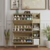 Natural Bohemia Style Shoe Cabinet, Shoe Rack Cabinet With 3 Rattan Flip Drawers, 3 Square Shelves And 1 Storage Drawer, Shoe Organizer With Mulit Storage Space And Hooks For Hallway, Entryway - Natural - Image 5